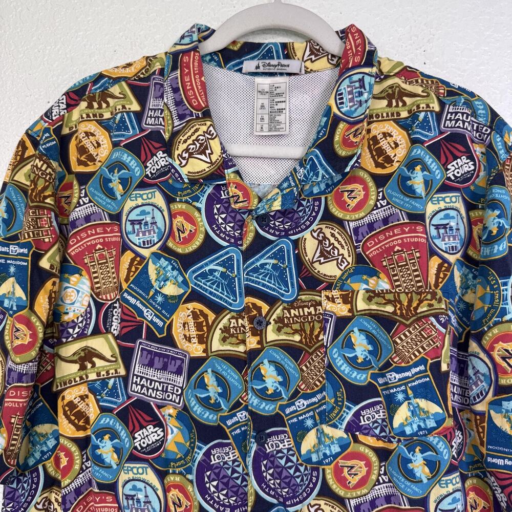 Disney Parks Shirt Mens XL Disney Attractions Patch Print Button Up All Over - Picture 4 of 10